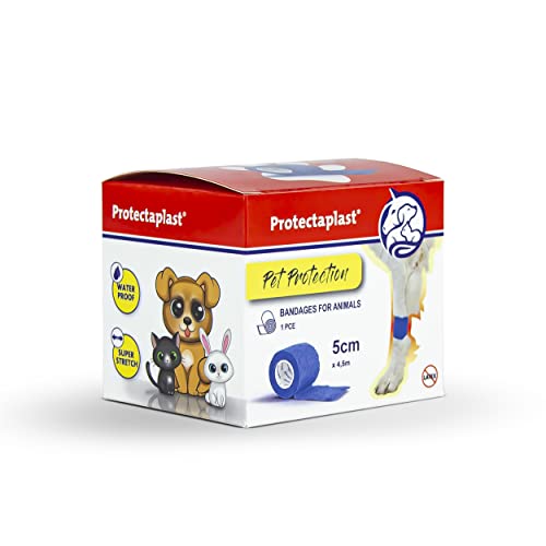 Protectaplast Selbstklebender Blau Verband für Haustiere (5cm x 4,5m) - Selbsthaftende Bandage ohne Latex & Kleber für Hunde, Katzen, Pferde - Hund & Katze Verbandsmaterial Wunden & Gelenke von Protectaplast