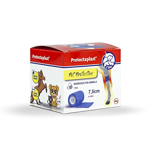 Protectaplast Selbstklebender Blau Verband für Haustiere (7,5cm x 4,5m) - Selbsthaftende Bandage ohne Latex & Kleber für Hunde, Katzen, Pferde - Hund & Katze Verbandsmaterial Wunden & Gelenke von Protectaplast