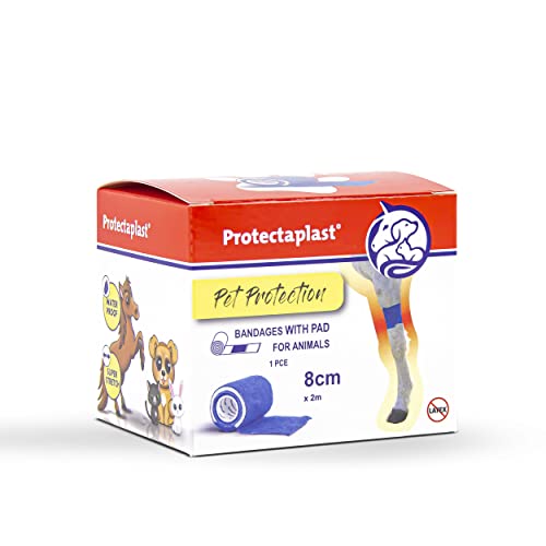 Protectaplast Selbstklebender Blau Verband für Haustiere (8cm x 2m) - Selbsthaftende Bandage ohne Latex & Kleber für Hunde, Katzen, Pferde - Hund & Katze Verbandsmaterial Wunden & Gelenke von Protectaplast