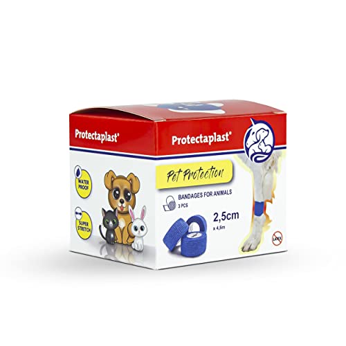 Protectaplast Selbstklebender Verband 3 Stück für Haustiere (2,5cm x 4,5m) - Selbsthaftende Bandage ohne Latex & Kleber für Hunde, Katzen, Pferde - Hund & Katze Verbandsmaterial Wunden & Gelenke von Protectaplast