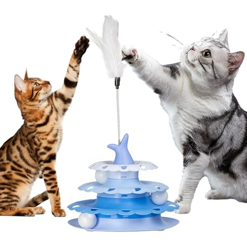 Proypiax Interaktive Katzenfederspielzeug, Katzenballspielzeug | Selbsthappigkeit Haustier Turntable mit Feder Teaser,Kätzchen Roller Interactive Track Bälle Tower zum Jagd Training im Innenspiel von Proypiax