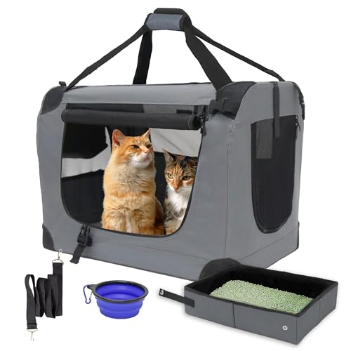 Prutapet Große Katzentragetasche, 61 x 41,9 x 41,9 cm, weiche Seiten, tragbare Haustierbox für Auto-Reisen, mit Faltbarer Katzentoilette und Napf von Prutapet