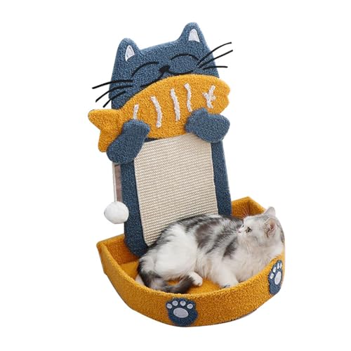 Pssopp 2 in 1 Katzenkratzer -Board -Feeder, Katze Isst Fischmuster Kratzplatte Fütterungsbrett mit Hängendes Spielzeug für Katzen, die das Spielen Füttern von Pssopp