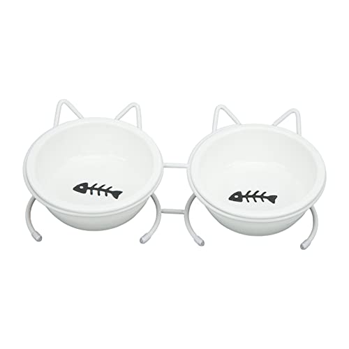 Doppelter Keramiknapf für Haustiere Doppelter Keramik Katzennapf mit Metallständer und Abdeckung Schützt die Wirbelsäule der Katze für Futter und Wasser von Pssopp