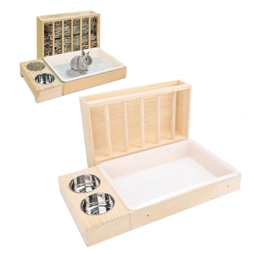 Pssopp Hölzerne Kaninchen -Heu -Feeder -Rack mit Katzentoilchbox, 4 in 1 Hasenfuttermittelkabinen für Kaninchen Meerschweinchen Hamster Geeignet von Pssopp