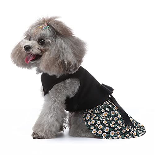 Pssopp Hundekleid mit Blumenmuster, Leichte Rückenschleife, Zartes Schwarzes Prinzessinnenkleid für Kleine Hunde für den Frühling (XS) von Pssopp