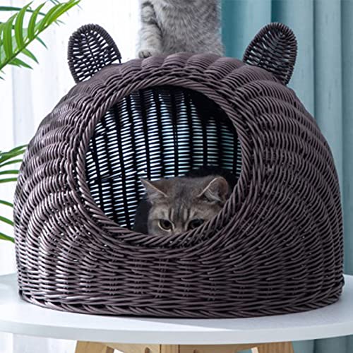 Pssopp Katzenbett Niedliche Katzenohr Imitiert Rattan Handgeflüssiges Atmungsaktives Halb Geschlossenes Katzenhaus für Gefertigtes Designmaterial in Innenräumen: Plastik (Kaffee) von Pssopp