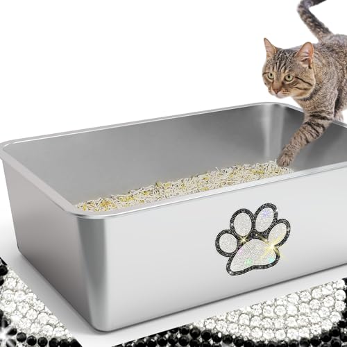 Katzentoilette aus Edelstahl, hohe Seite, XL-Metall-Katzentoilette mit glitzernder Pfote, Kätzchentoilette, Haustierreinigungswerkzeug für große und kleine Katzen, Kaninchen, antihaftbeschichtet, von Ptlom