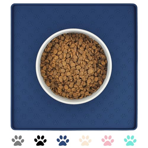 Ptlom Haustier-Platzset für Hund und Katze, wasserdicht, rutschfest, Silikon, verhindert Überlaufen von Futter und Wasser, Welpen-Napf-Futterspender für mittelgroße und kleine Haustiere, Marineblau von Ptlom
