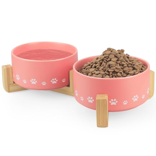Ptlom Keramik-Haustiernapf für Hunde und Katzen, erhöhter Futter- und Wassernapf für Hunde und Katzen, Set mit rutschfestem Holzständer, beschwerter Haustiernapf, geeignet für kleine, mittelgroße und von Ptlom