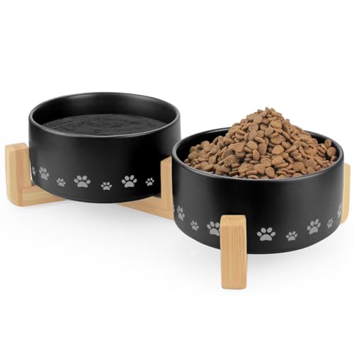 Ptlom Keramik-Haustiernapf für Hunde und Katzen, erhöhtes Futter- und Wassernapf-Set mit rutschfestem Holzständer, beschwerter Haustiernapf, geeignet für kleine, mittelgroße und große Katzen, Hunde, von Ptlom