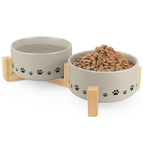 Ptlom Keramik-Katzen-Hundenapf-Set mit Holzständer, 400 ml Hundefutter- und Wassernäpfe, geeignet für kleine, mittelgroße und große Haustiere, Geschirrzubehör, Grau von Ptlom