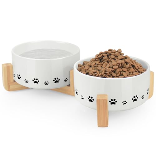 Ptlom Keramik-Katzen-Hundenapf-Set mit Holzständer, 400 ml Hundefutter- und Wassernäpfe, geeignet für kleine, mittelgroße und große Haustiere, Geschirrzubehör, Weiß von Ptlom