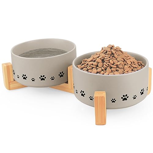 Ptlom Keramik-Katzen-Hundenapf-Set mit Holzständer, 850 ml Hundefutter- und Wassernäpfe geeignet für kleine, erhöhter Hundefutternapf Welpen-Futternapf Geschirr Zubehör, Grau von Ptlom