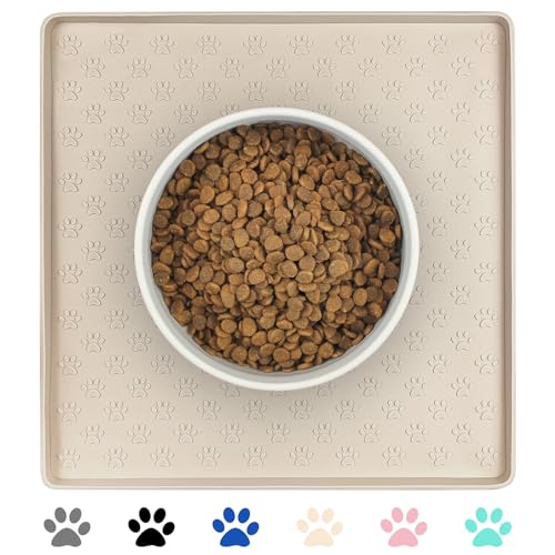 Ptlom Pet Placemat for Dog and Cat,Waterproof Non-Slip Silicone Feeding Bowl Mat Prevent Food and Water Overflow, Puppy Dish Feeder Fountain Trays Suitable for Medium and Small Pets,Beige von Ptlom