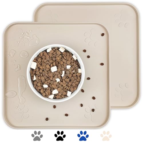 Ptlom Silikon-Haustier-Tischset für Hunde und Katzen, rutschfest, wasserdicht, verhindert das Überlaufen von Futter und Wasser, hohe Lippen, geeignet für mittelgroße und kleine Haustiere, Beige, 2 von Ptlom