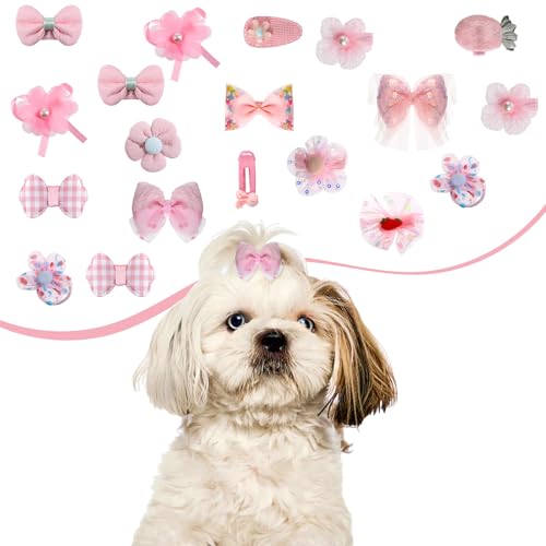 Ptwola 20 x rosa Hundehaarschleifen, niedlicher Welpen-Haarschmuck mit Gummibändern, Perlenverzierung, perfekt für kleine Hunde, Fellpflege und Styling von Ptwola