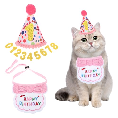 Ptwola Katzengeburtstagsparty-Zubehör, Haustier-Geburtstagsmütze, Schal, Set, Kätzchen, Bandana, Hut, personalisierbar, für Geburtstage, Banner, kleine Hunde, Geburtstage, Outfits, Dekorationen mit 10 von Ptwola