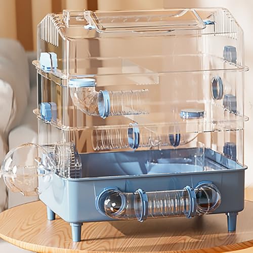 Pucaru 3-lagiger Transparenter Hamsterkäfig, DIY Luxus-Hamstertunnel-Villa, Clamshell-Oberlicht-Design, Mehrere Belüftungslöcher, Abnehmbar(Blue) von Pucaru