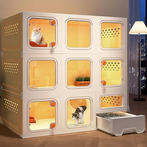 Pucaru 3-lagiges Katzenkäfiggehege für den Innenbereich, Doppelseitig Belüfteter Katzenlaufstall, Hohles Design auf Beiden Seiten, Einfach zu Montieren(Yellow) von Pucaru