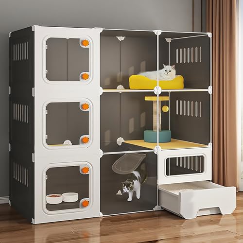 Pucaru 3-stöckige Katzenkäfiggehege, Katzentoilette mit Integrierter Katzenvilla, HD-transparente Katzenkiste, Verstärkte Plattform, (Black) von Pucaru
