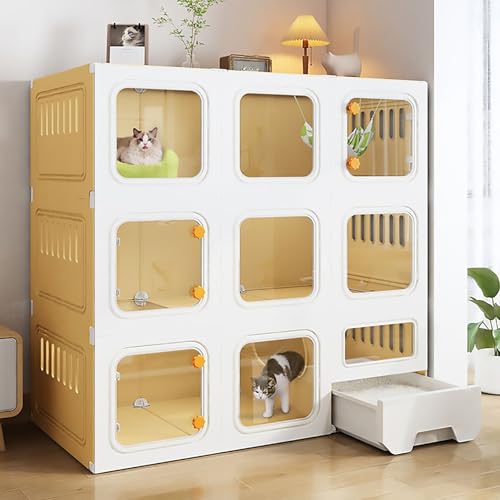 Pucaru 3-stöckiger Katzenkäfig für den Innenbereich, DIY-Katzengehege, Katzenvilla, Katzenhaus mit Katzentoilette, Einfache Installation, für 1–2 Katzen(Yellow) von Pucaru