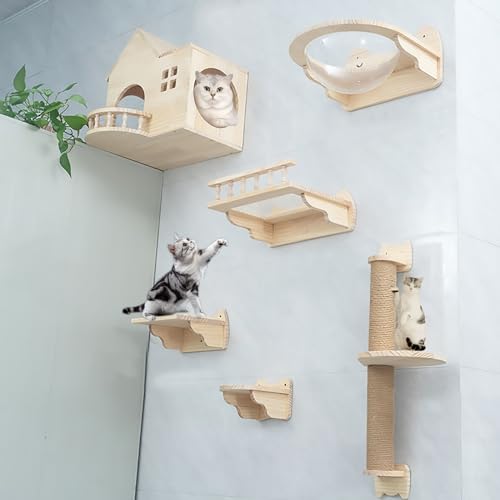 An der Wand Montierte Katzen Kletterwand Set aus Massivem Holz, Katze Wandelement, Luftkorridor-Raumkapsel-Katzennest-freie Kombination (Color : Style1) von Pucaru