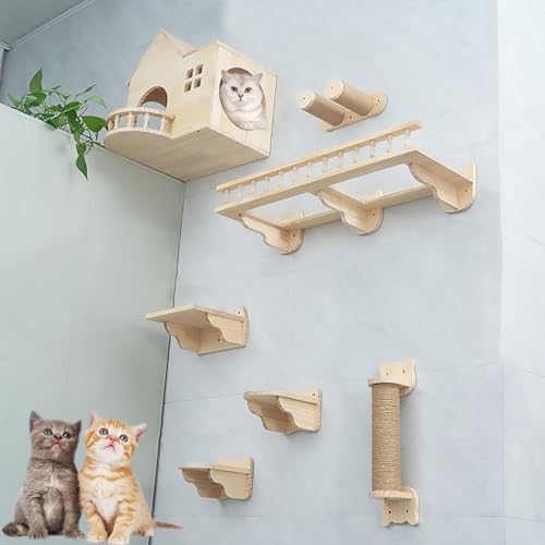 An der Wand Montierte Katzen Kletterwand Set aus Massivem Holz, Katze Wandelement, Luftkorridor-Raumkapsel-Katzennest-freie Kombination (Color : Style2) von Pucaru