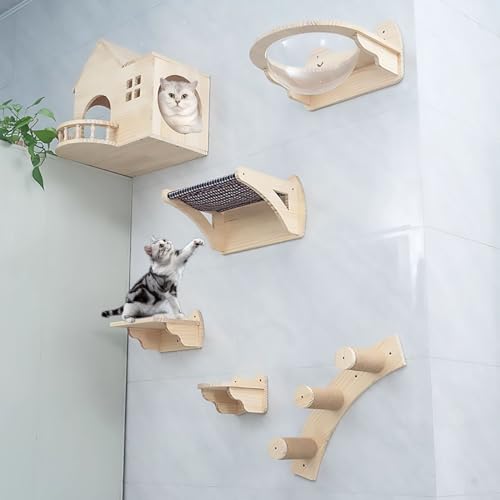 An der Wand Montierte Katzen Kletterwand Set aus Massivem Holz, Katze Wandelement, Luftkorridor-Raumkapsel-Katzennest-freie Kombination (Color : Style3) von Pucaru