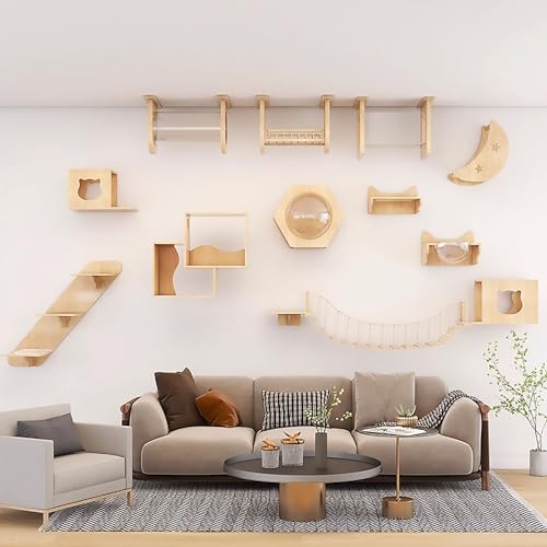 An der Wand Montiertes Katzenregal und Kletterregal, Katzenwandmöbel-Set aus Massivholz, zum Spielen, Schlafen und Entspannen für Katzen(Size:Style11) von Pucaru
