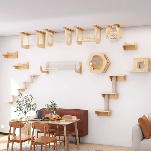 An der Wand Montiertes Katzenregal und Kletterregal, Katzenwandmöbel-Set aus Massivholz, zum Spielen, Schlafen und Entspannen für Katzen(Size:Style12) von Pucaru