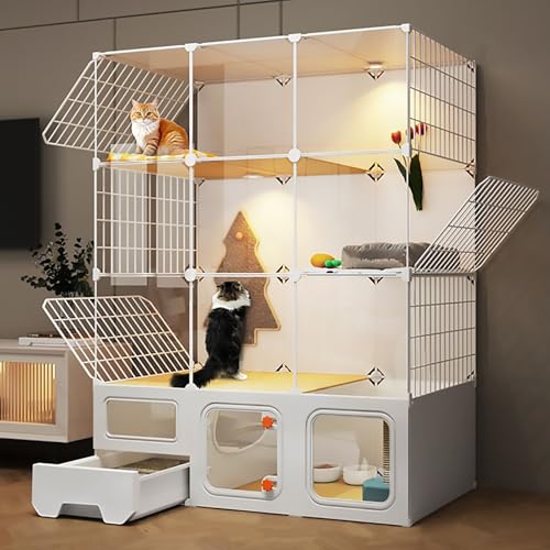 Pucaru DIY-Haustierzaun, Panorama-transparente Katzengehege, Katzentransportbox mit Katzentoilette, Mehrschichtige Plattform, Extra Großer Platz(107x47x142cm) von Pucaru