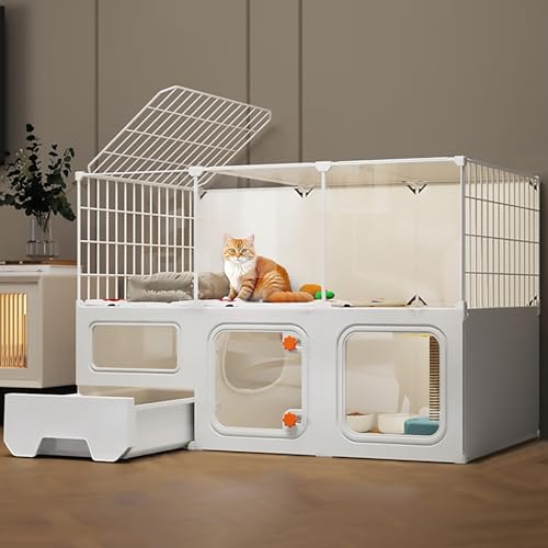 Pucaru DIY-Haustierzaun, Panorama-transparente Katzengehege, Katzentransportbox mit Katzentoilette, Mehrschichtige Plattform, Extra Großer Platz(107x47x72cm) von Pucaru