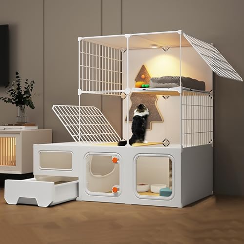 Pucaru DIY-Haustierzaun, Panorama-transparente Katzengehege, Katzentransportbox mit Katzentoilette, Mehrschichtige Plattform, Extra Großer Platz(A-107x47x107cm) von Pucaru
