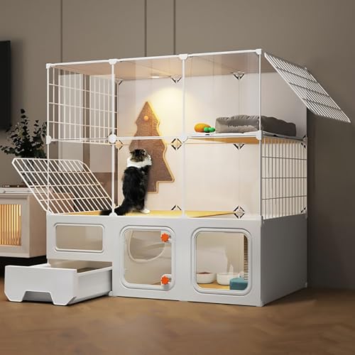 Pucaru DIY-Haustierzaun, Panorama-transparente Katzengehege, Katzentransportbox mit Katzentoilette, Mehrschichtige Plattform, Extra Großer Platz(B-107x47x107cm) von Pucaru