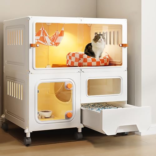 Pucaru DIY-Katzenkäfig mit Katzentoilette, Katzenvilla für den Innenbereich, Abnehmbares Katzengehege, Beidseitig Hohle Seitenteile, Belüftet und Atmungsaktiv(70x45x77cm) von Pucaru