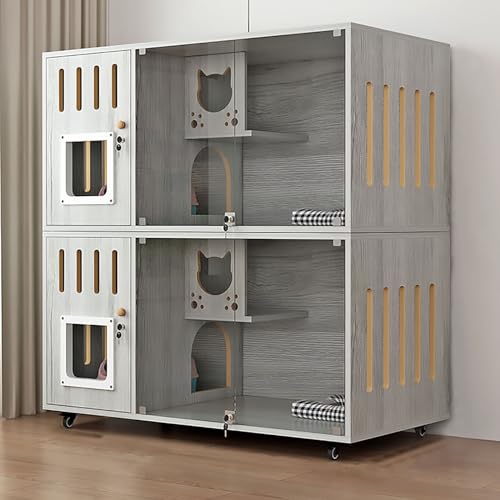 Doppelschichtiger Katzenschrank, Katzenkäfig, Katzenvilla Komplett aus Massivholz, Belüftung auf Beiden Seiten, Große Plattform, Leicht zu Pflegen(Grey,120x60x114cm) von Pucaru