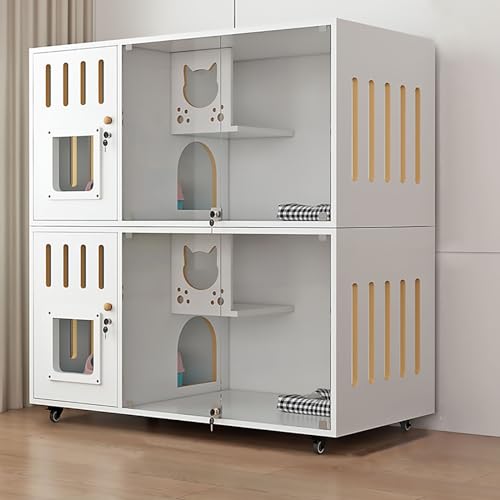 Doppelschichtiger Katzenschrank, Katzenkäfig, Katzenvilla Komplett aus Massivholz, Belüftung auf Beiden Seiten, Große Plattform, Leicht zu Pflegen(White,120x60x114cm) von Pucaru