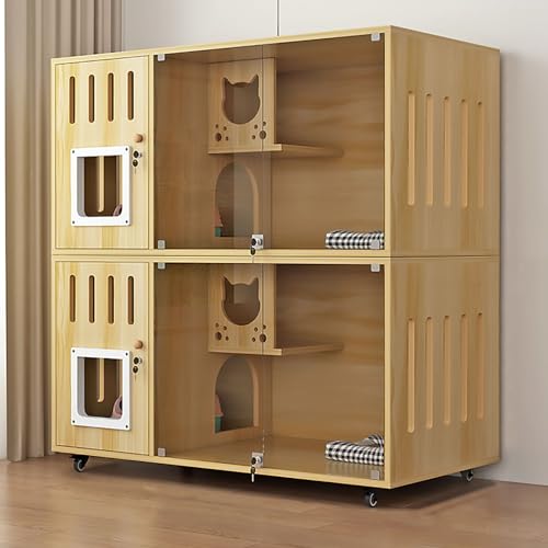 Doppelschichtiger Katzenschrank, Katzenkäfig, Katzenvilla Komplett aus Massivholz, Belüftung auf Beiden Seiten, Große Plattform, Leicht zu Pflegen(Yellow,120x60x114cm) von Pucaru