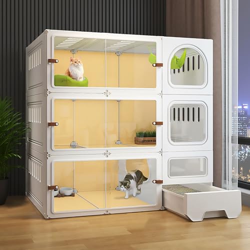 Pucaru Große 3-stöckige Transparente Katzenvilla, Katzenkäfig mit Katzentoilette, DIY-Katzenlaufstall, Ausschnittdesign An der Seitenwand(White,106x46.5x106cm) von Pucaru