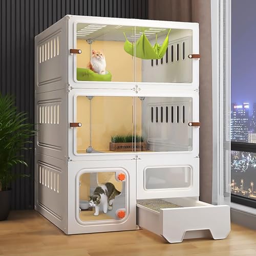 Pucaru Große 3-stöckige Transparente Katzenvilla, Katzenkäfig mit Katzentoilette, DIY-Katzenlaufstall, Ausschnittdesign An der Seitenwand(White,71x46.5x106cm) von Pucaru