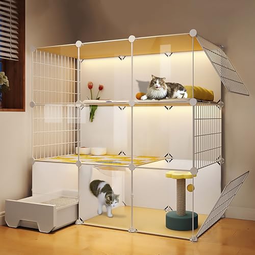 Pucaru Großer 3-stöckiger Katzenkäfig, Katzenzwinger für den Innenbereich, Transparente DIY-Katzenvilla, Zusammengebaute Katzengehege, mit Katzentoilette(111x49x109cm) von Pucaru