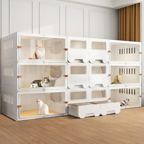 Pucaru Großer Katzenkäfig, Katzenzuchtkiste, DIY 2/3 Katzengehege, Toilette mit Schubladen, Transparente Tür, Katzen Leicht Beobachten(210x45x105cm) von Pucaru