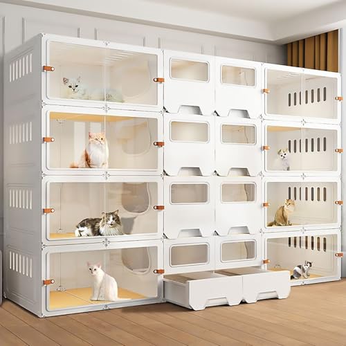 Pucaru Großer Katzenkäfig, Katzenzuchtkiste, DIY 2/3 Katzengehege, Toilette mit Schubladen, Transparente Tür, Katzen Leicht Beobachten(210x45x140cm) von Pucaru