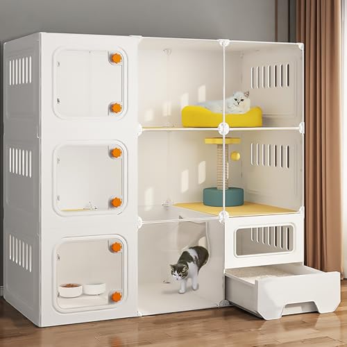 Pucaru Halbgeschlossener Katzenkäfig, Katzenvilla, mit Katzentoilette, DIY-Katzenlaufstall, Verstärkter Plattform, Transparentem, Abnehmbarem HD-Katzengehege(105x45x105cm) von Pucaru