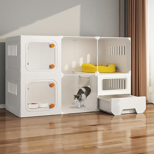 Pucaru Halbgeschlossener Katzenkäfig, Katzenvilla, mit Katzentoilette, DIY-Katzenlaufstall, Verstärkter Plattform, Transparentem, Abnehmbarem HD-Katzengehege(B-105x45x70cm) von Pucaru