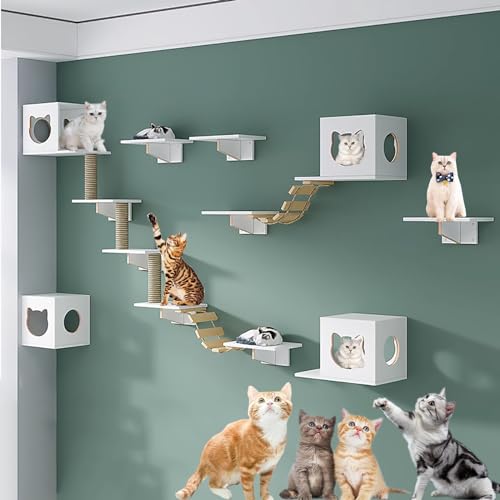 Katze Wandelement zum Klettern, Katzen Kletterwand Set, Haus, Sisal-Pfostenleiter, Stufen und Reiseplattform, Platzsparend, Einfach zu Montieren (Color : Style10) von Pucaru