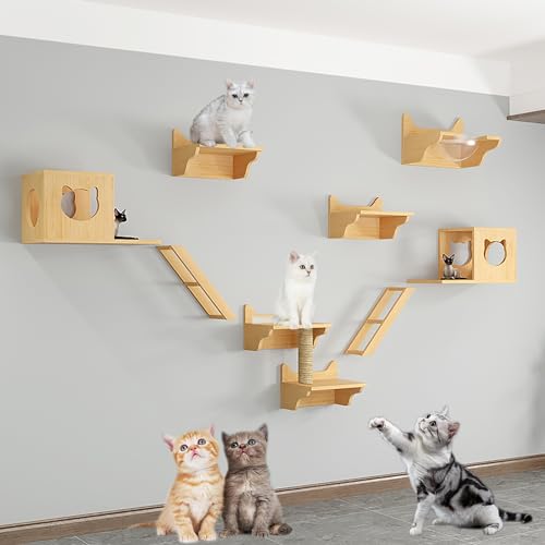 Katzen-Klettergerüst-Set zur Wandmontage aus Massivem Holz für den Innenbereich, Katzenregale, Sprungplattform, Katzennest, Katzenkratzbaum(Size:Style1) von Pucaru