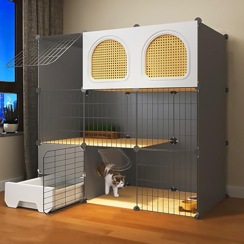 Pucaru Katzengehege für Draußen für Hauskatzen, DIY-Katzenkäfig mit 3 Ebenen, Katzengehege, mit Geschlossener Katzentoilette, Abnehmbaren Metalldrahtzwingern(108x47x106cm) von Pucaru