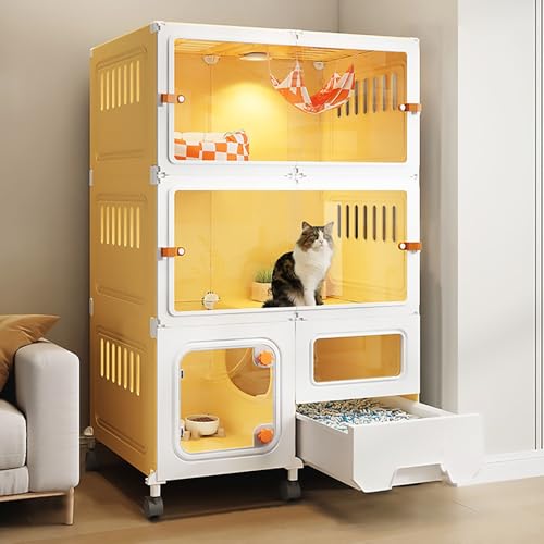Pucaru Katzengehege für Drinnen und Draußen, Katzenzwinger mit Panorama-Transparenz, Katzenlaufstall, Katzentoilette mit Schublade, Leicht zu Reinigen(70x45x112cm) von Pucaru